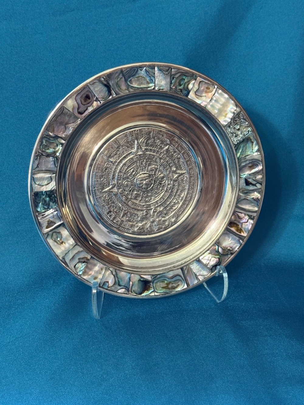 Alpaca Mexico Silver 6" Abalone Plate Design of the Aztec Calendar Stone